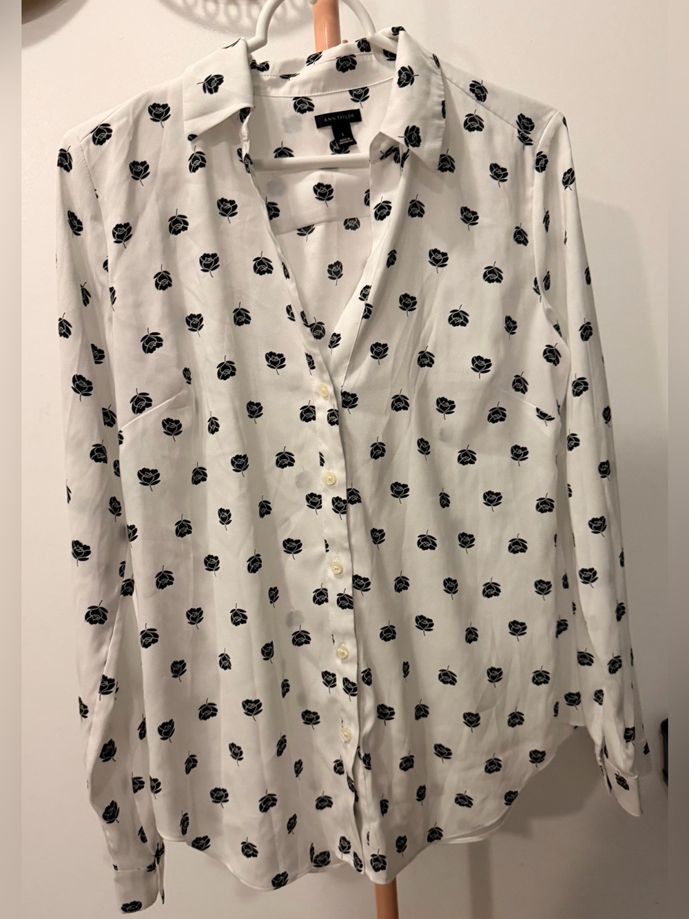 Ann Taylor White Button-Down Shirt with Black Rose Print